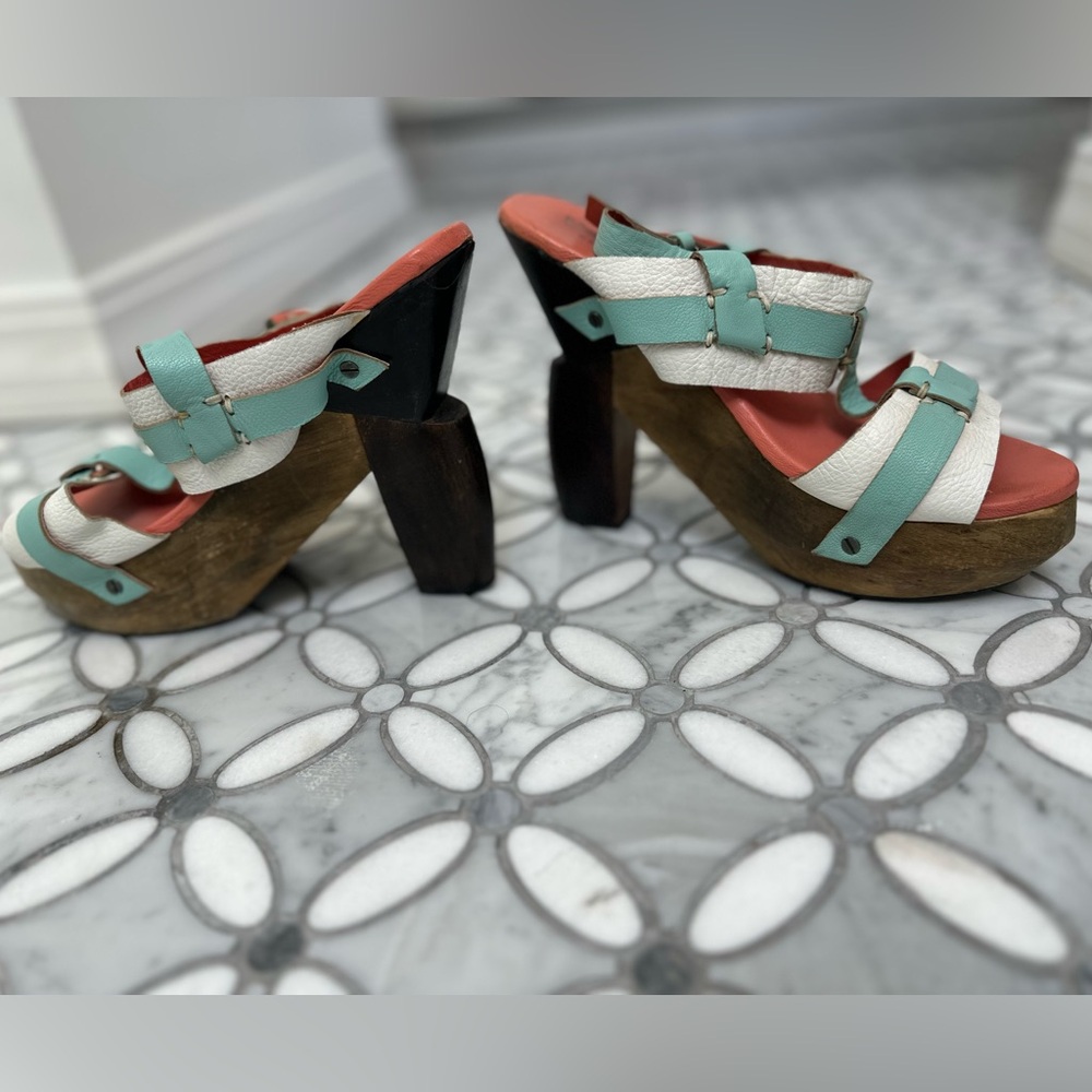 Villa Leather Wood Platform Shoes 6.5 White and Green